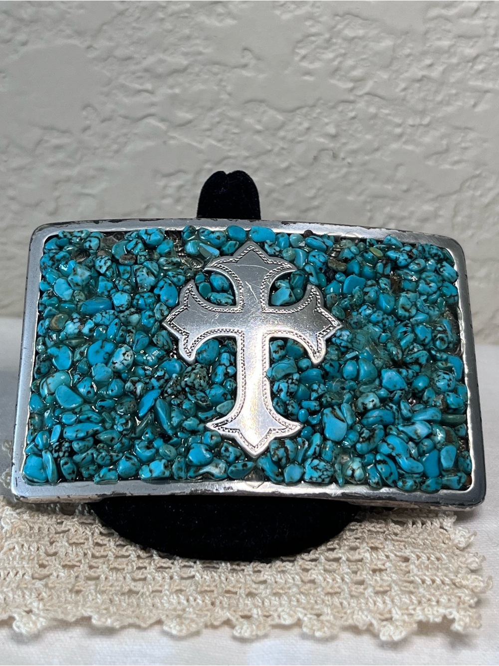 Vintage Zocai Turquoise Chip Mosaic Cross Western Belt Buckle Silver Tone
